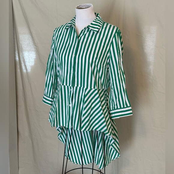Cato Green & White Striped Blouse peplum train button-front lrge high-low cotton - Picture 2 of 16